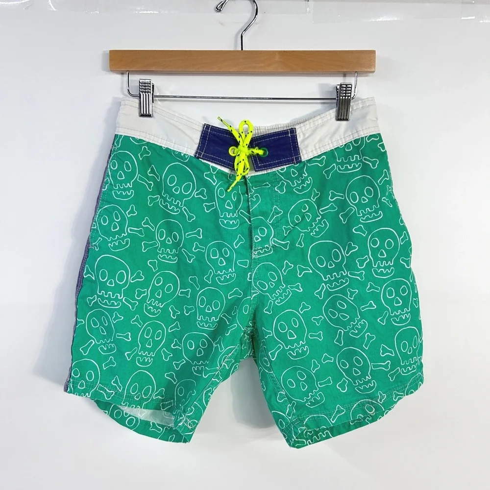 Boden Boys Swim Trunks 15-16Y Green Skull Board Shorts Mesh Lined Beach Surf